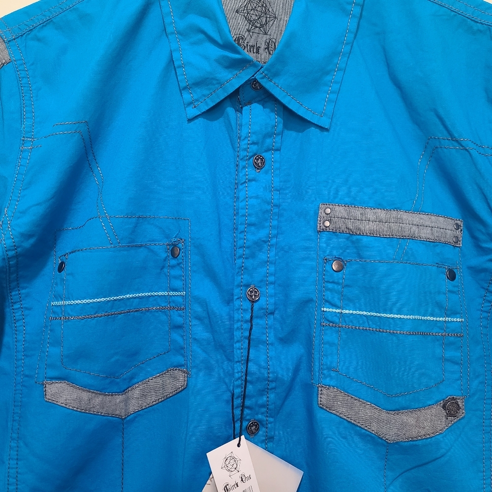 NWT 100% Cotton Aqua and Gray Men's Casual Button-Down Shirt, Size XXL - Picture 3 of 15